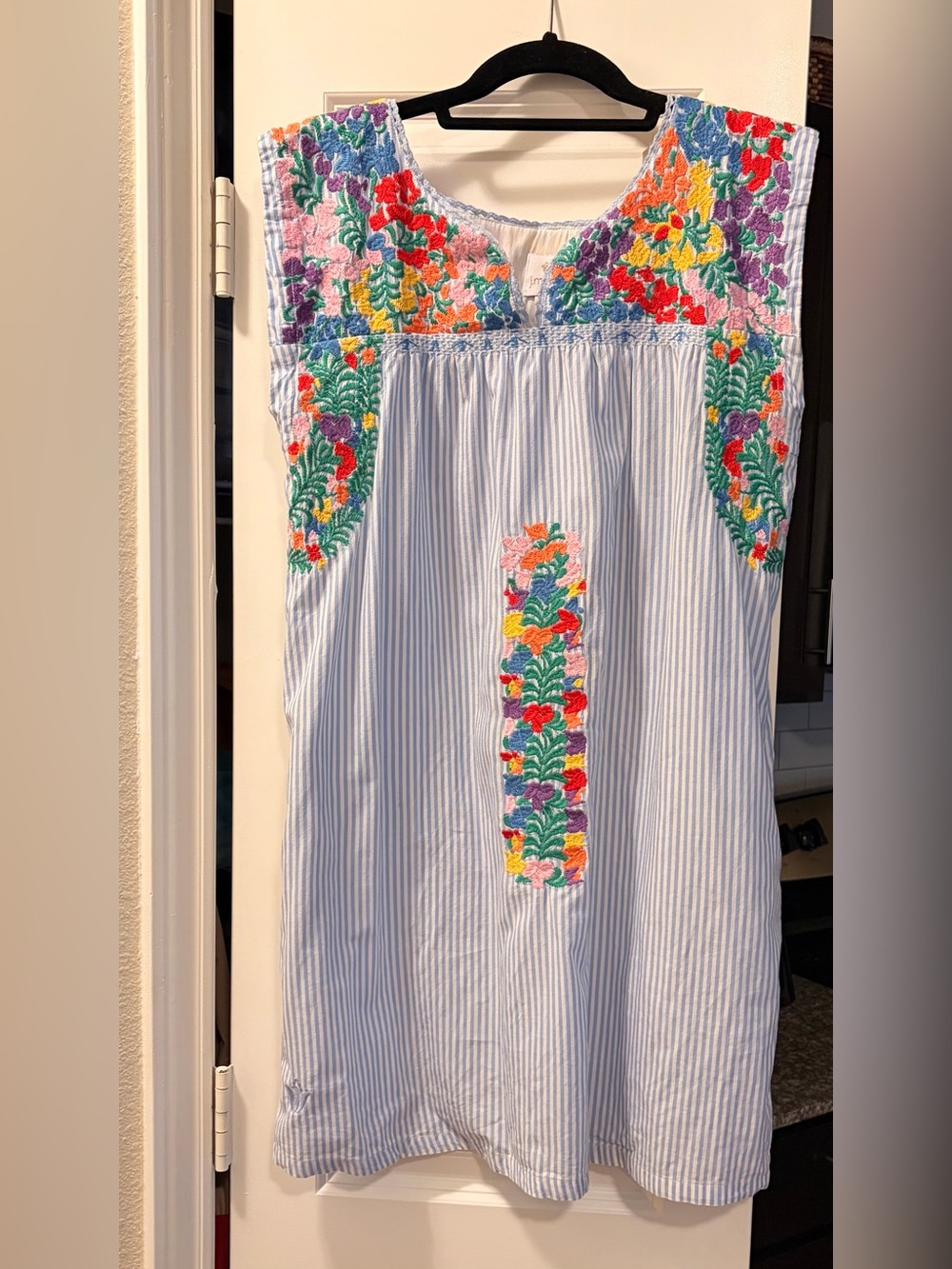 J. Marie Light Blue Striped Dress with Multicolor Floral Embroidery - Picture 2 of 8
